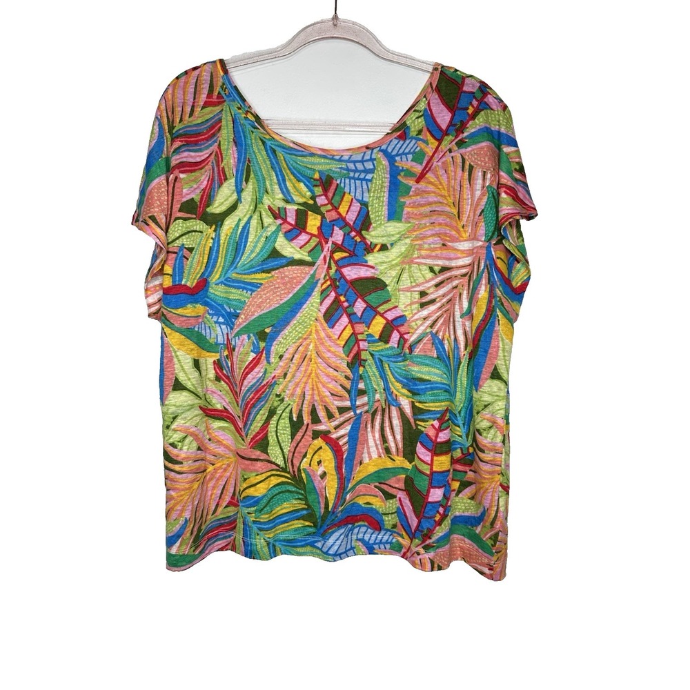 C and California Top Size 1X Tropical Print Linen Button Back Colorful